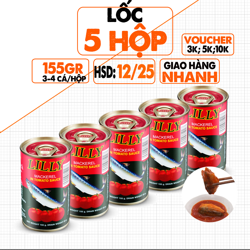 Combo 05 Hộp Cá Nục Sốt Cà Lilly Thái, Lon 150g, Vị Ngọt, Thơm, Dùng Ăn Ngay, Date 12/2025