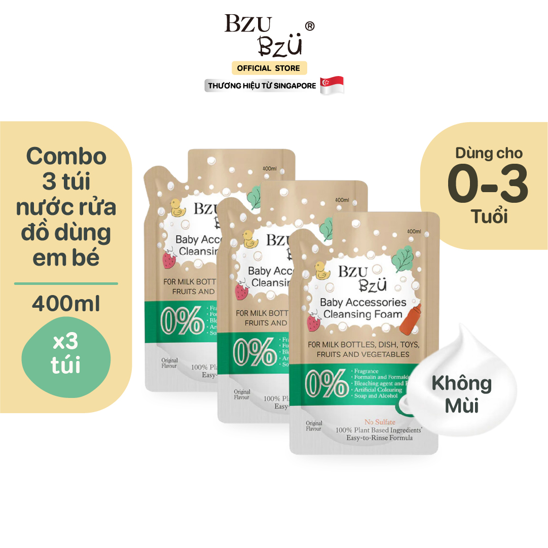 Combo 3 Túi nước rửa bình em bé thuần chay BZU BZU 400ml Không mùi / Hương Chanh