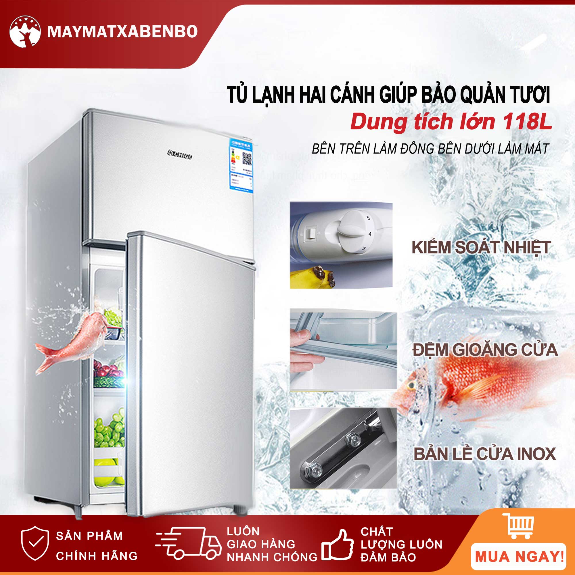 Tủ lạnh 2 ngăn 118 lít thương hiệu làm lạnh nhanh ngăn đá và ngăn lạnh giữ đồ luôn tươi mới，Bảo quản tươi với nhiệt độ kép