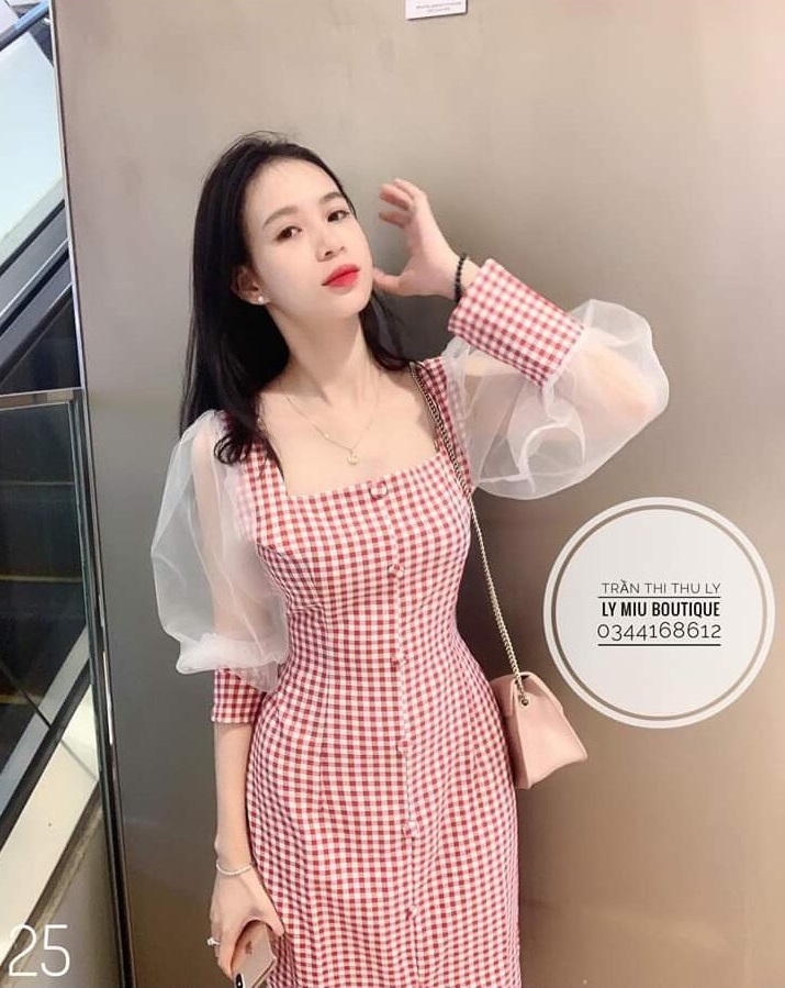 Đầm ôm kẻ caro đầm body kẻ caro. váy ôm kẻ caro váy body kẻ caro nút bọc tay phối lưới sang chảnh - amy store