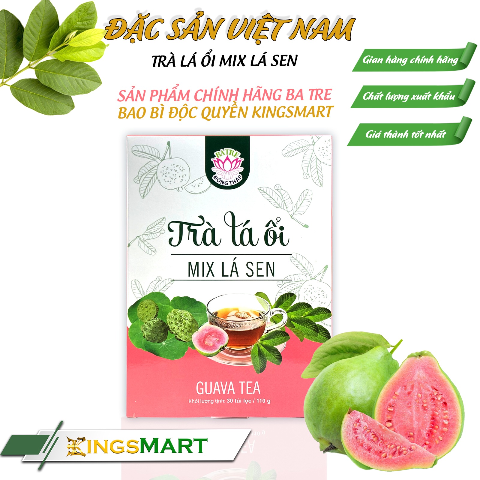 Trà lá ổi mix lá sen - Thương hiệu Ba Tre - Đặc sản Đồng Tháp - Hộp 110g 30 túi lọc - Kingsmart