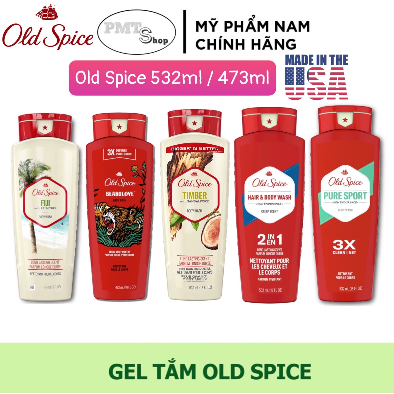 (NK Mỹ) Sữa tắm Old Spice dạng Gel nhiều mùi hương 532ml / 473ml Made in USA