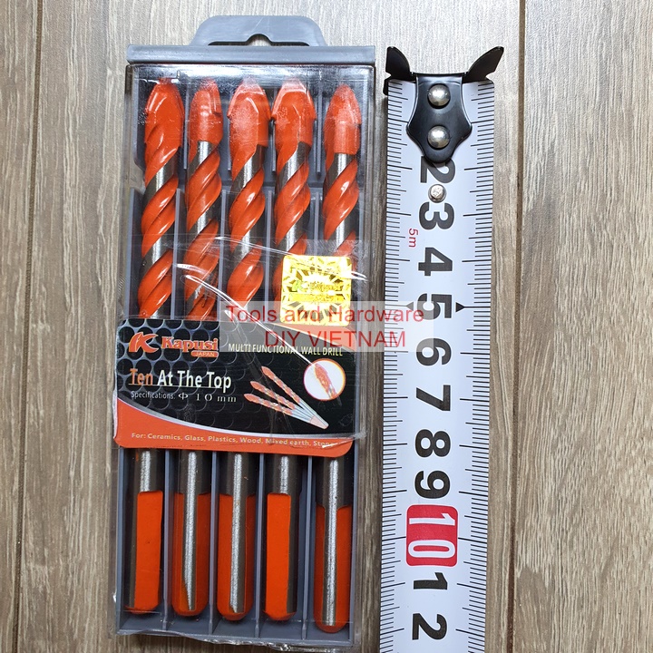 Hộp 5 Mũi khoan đa năng hãng Kapusi Nhật Bản phi 10mm, có tem chống hàng giả, phù hợp nhiều chất liệu như gạch men, đá hoa, đá granit, nhựa, gỗ, mũi khoan gỗ, mũi khoan tường, mui khoan tuong, mui khoan da nang