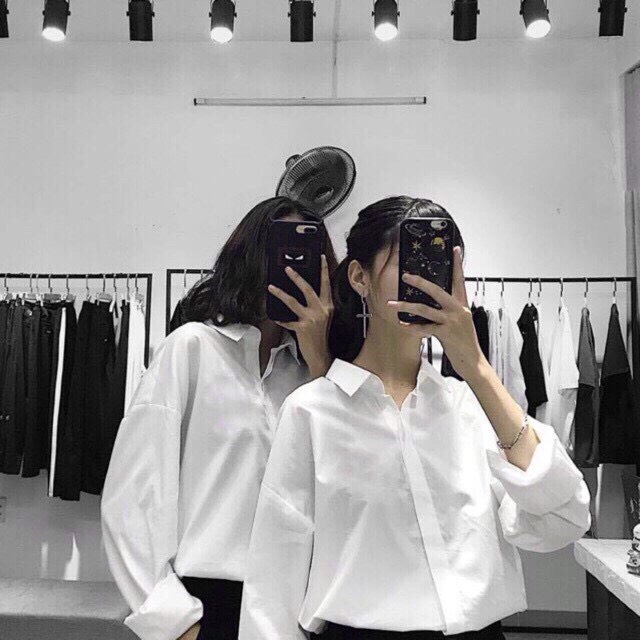 Áo sơ mi nữ học sinh basic form rộng dài tay cổ bẻ ulzzang trắng trơn guzfashion