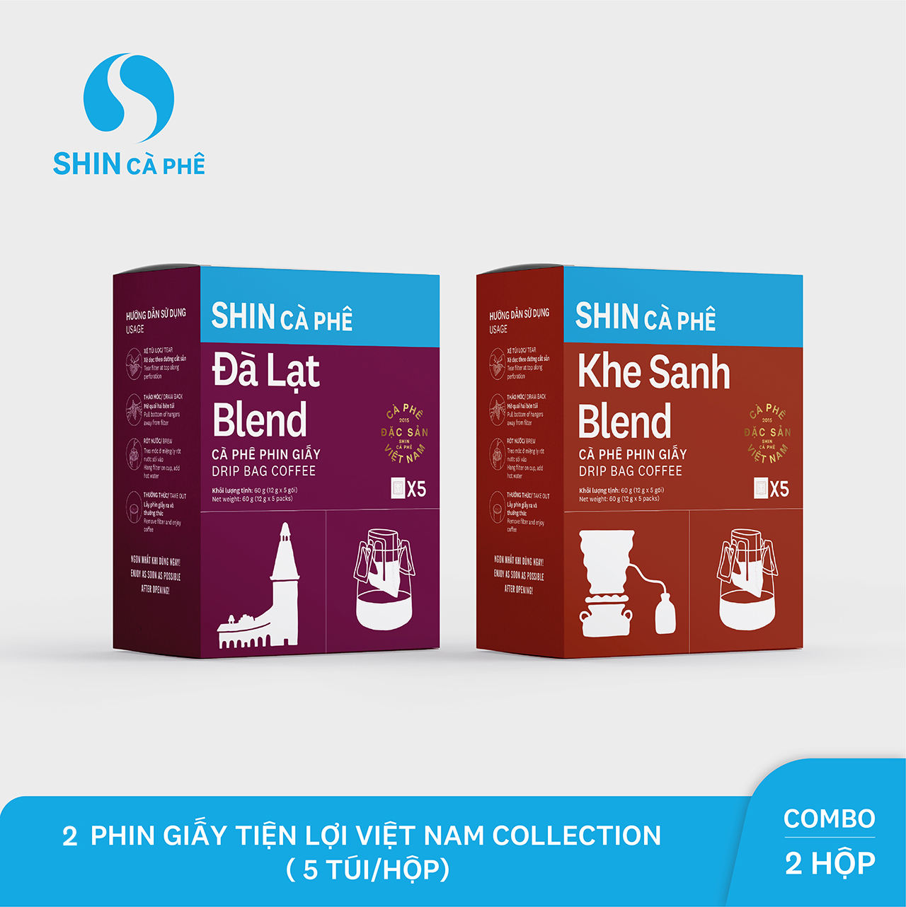 SHIN Cà Phê - Combo Đà Lạt và Khe Sanh - Phin giấy tiện lợi hộp 5 gói