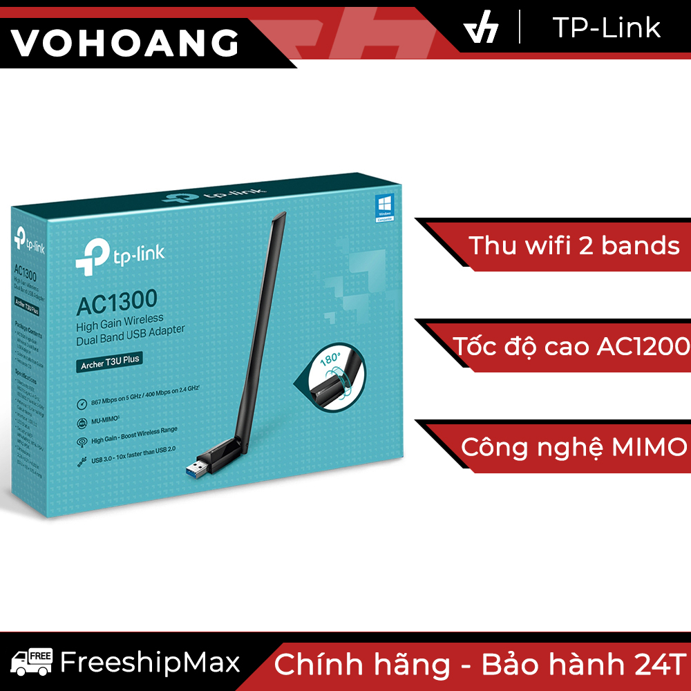 Usb thu wifi 2 băng tần tốc độ cực cao tp-link archer t3u-plus chuẩn ac1300 256-qam