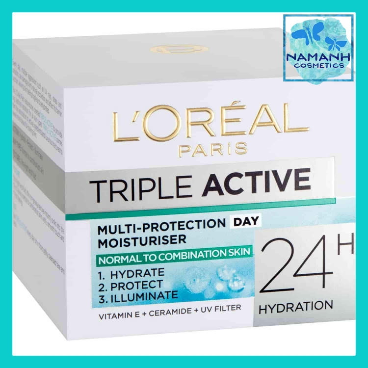 Kem dưỡng ẩm 3 tác động ban ngày Vitamin E, Ceramide chống UV L Oreal Paris Triple Active Day Moisturiser Normal to Combination Skin 50ml
