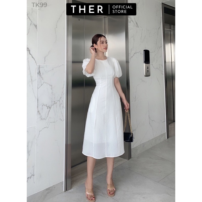 Đầm xoè dự tiệc thiết kế tay bồng xếp eo cổ tròn THER váy dự tiệc sang trọng DX0036