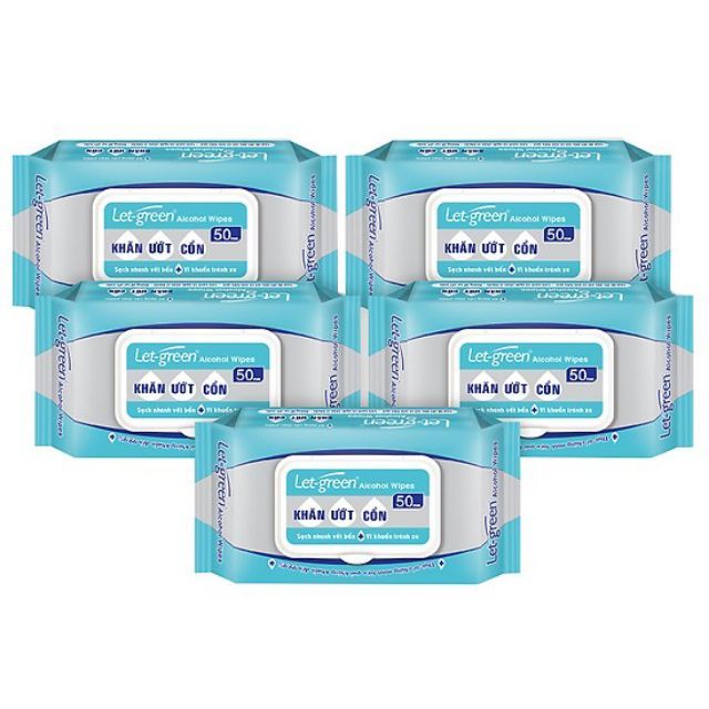 Combo 5 bịch khăn ướt tẩm cồn Let Green 1 bịch 50 miếng