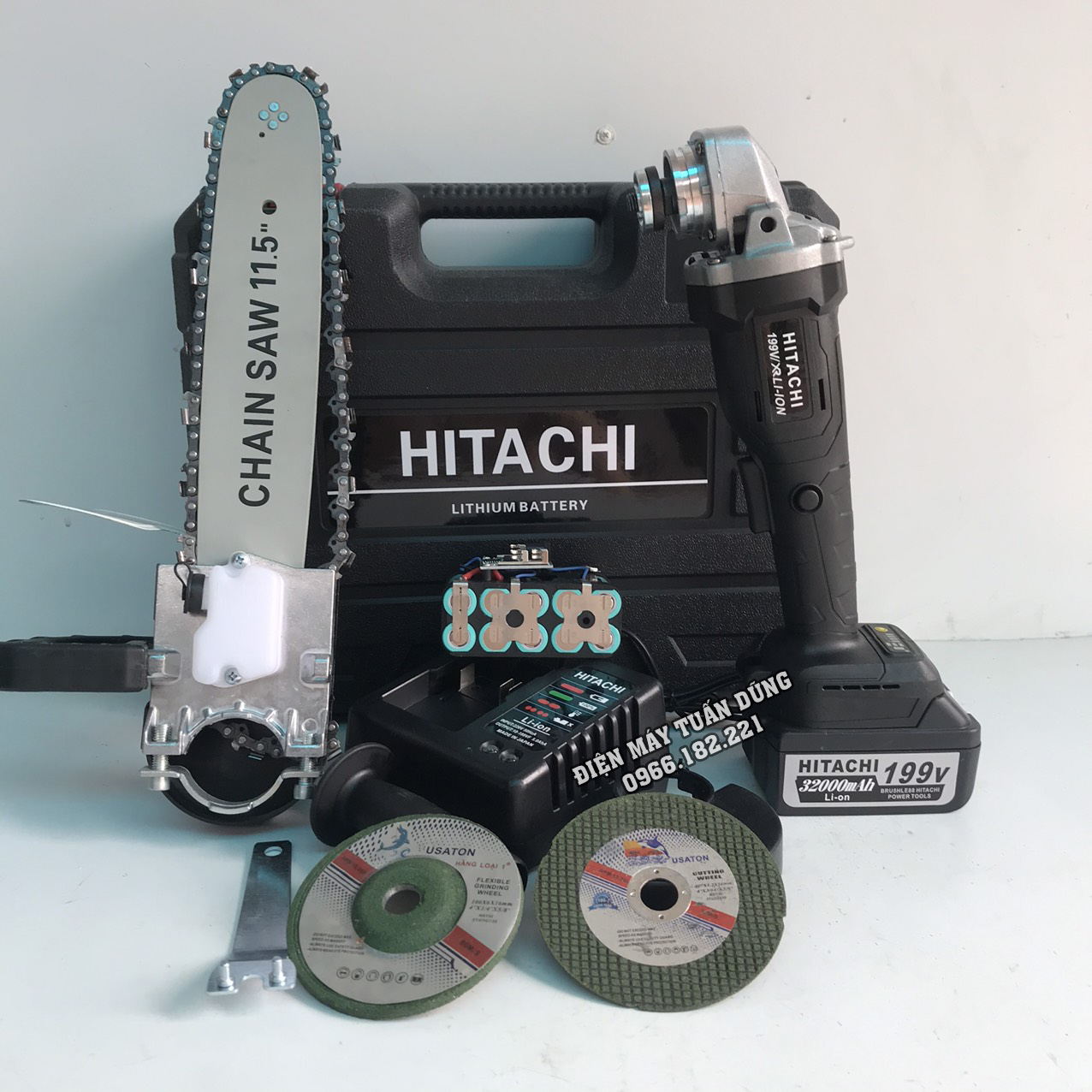 Máy cắt cầm tay dùng pin Hitachi 199V Kèm 2 pin Động cơ không chổi than TẶNG 01 bộ lưỡi cưa xích cắt gỗ + đá mài + đá cắt