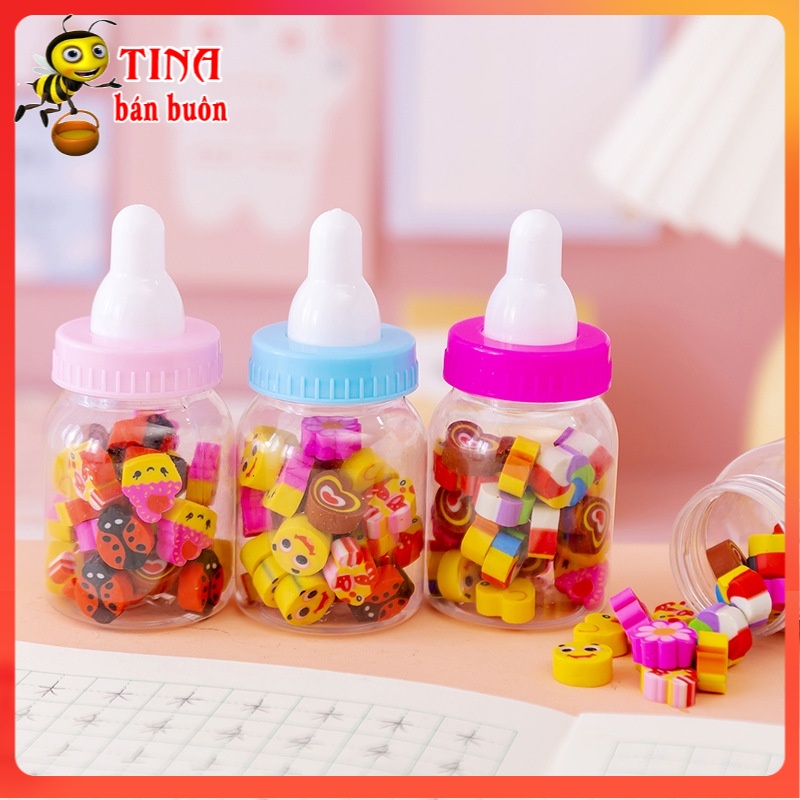 Cục gôm tẩy bút chì mini cho bé kèm lọ đựng hình bình sữa e583