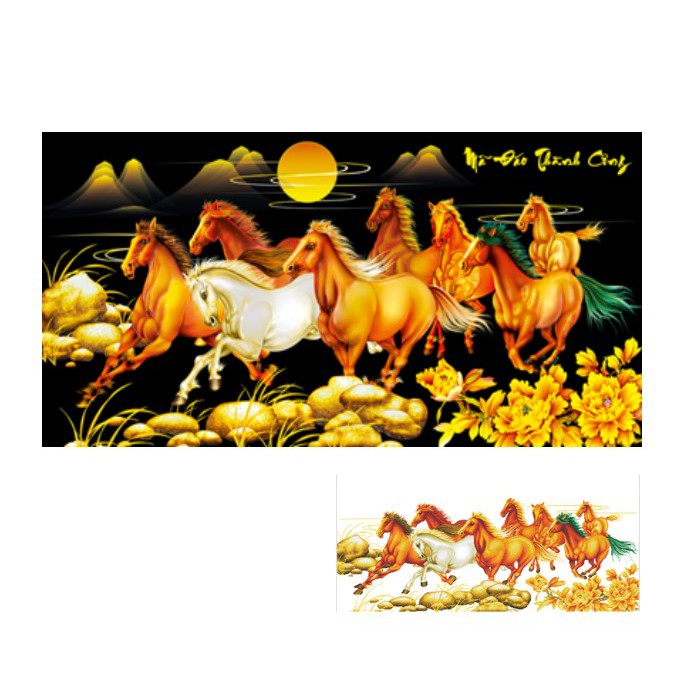 Tranh đính đá Ngọc Thịnh 8 con ngựa Mã Đáo Thành Công ngựa vàng nền đen VS