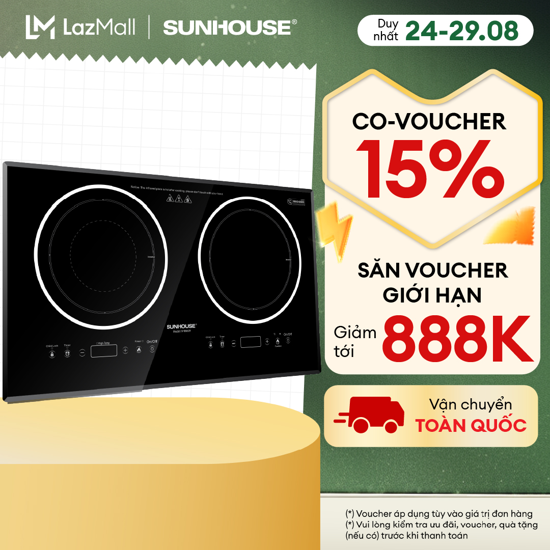 Bếp điện đôi từ hồng ngoại SUNHOUSE SHB8609 - Kiểu dáng sang trọng hiện đại - Mặt kính chịu nhiệt bền bỉ - Dùng cho tất cả các loại nồi - Bảo hành 36 tháng - Hàng chính hãng