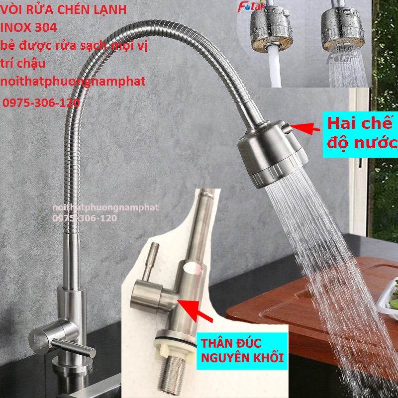 [HCM][BẺ ĐƯỢC MỌI VỊ TRÍ] Vòi Rửa Chén Bát Lạnh Inox 304 Cần Bẻ Lò Xo quay 360 độ dùng cho 2 hộc chậu N5022