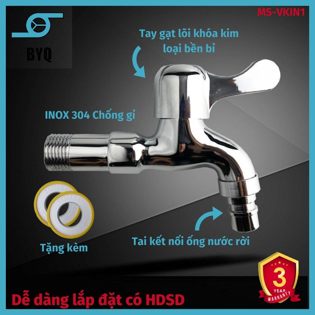 Vòi nước inox 304 BYQ-VKIN1 Chống rỉ sét , van đóng lõi đồng khối chống tràn , cổ gen dài dễ dàng lắp đặt Tặng kèm Băng Tan lắp đặt , bảo hành thân vỏ 2 năm