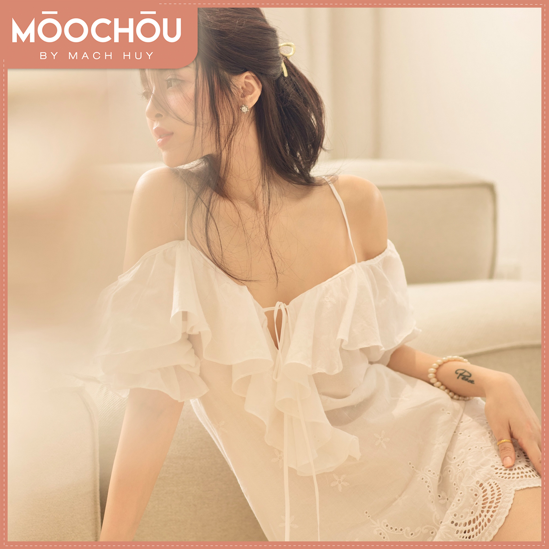 Váy ren trễ vai gisele dress màu trắng freesize - moochou