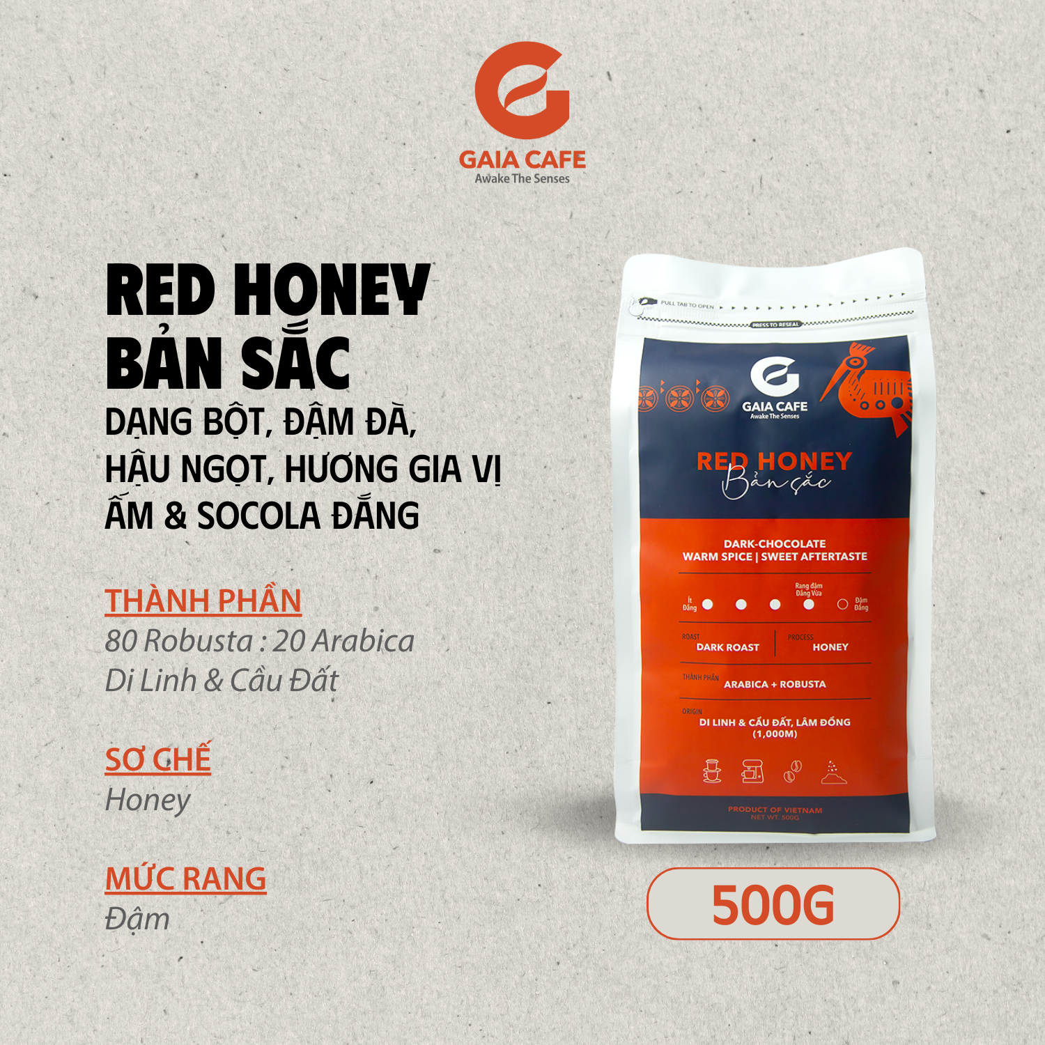 (500GR) Cà phê phin RED HONEY BẢN SẮC Gaia Cafe | Cafe Robusta và Arabica rang xay nguyên chất
