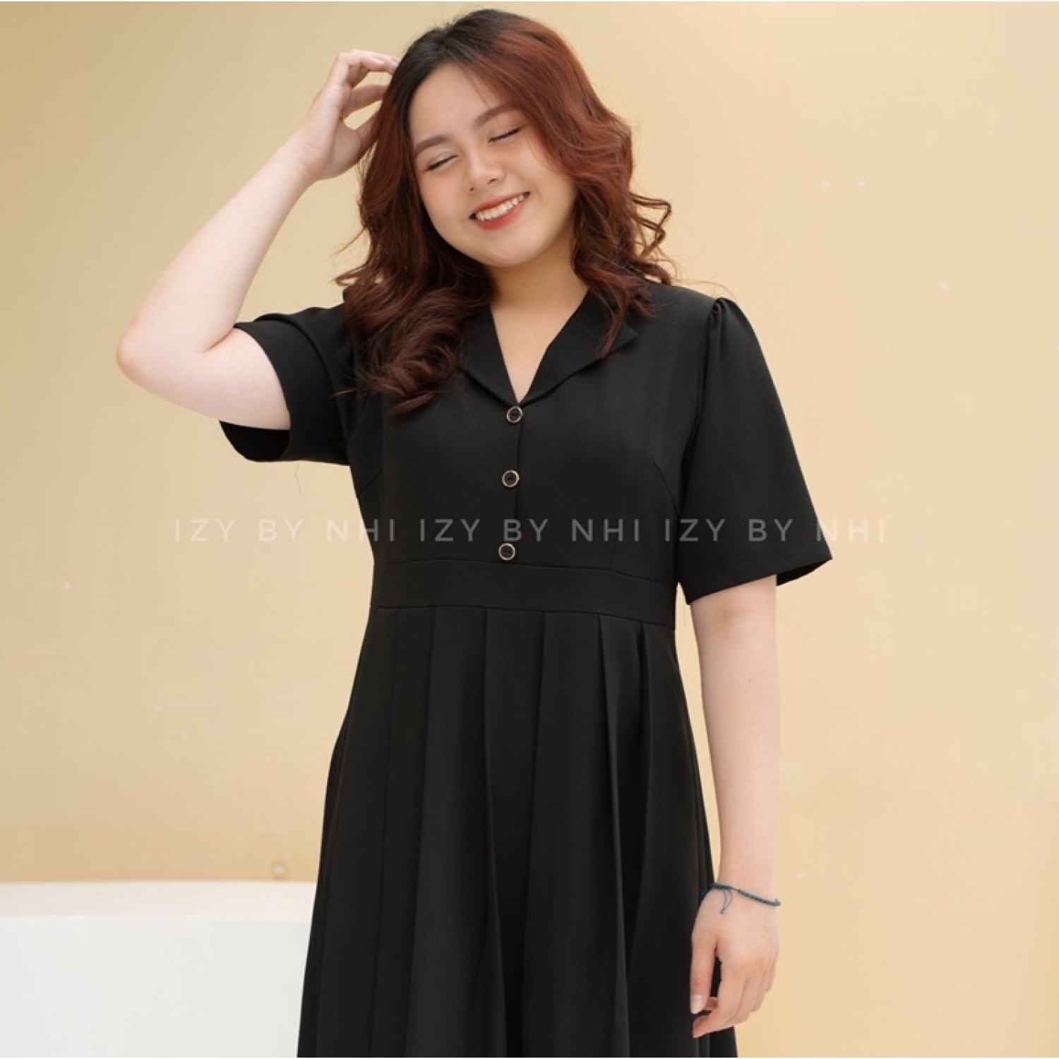 Váy đầm bigsize cổ ve xếp ly đen công sở - haley đen - izybynhi