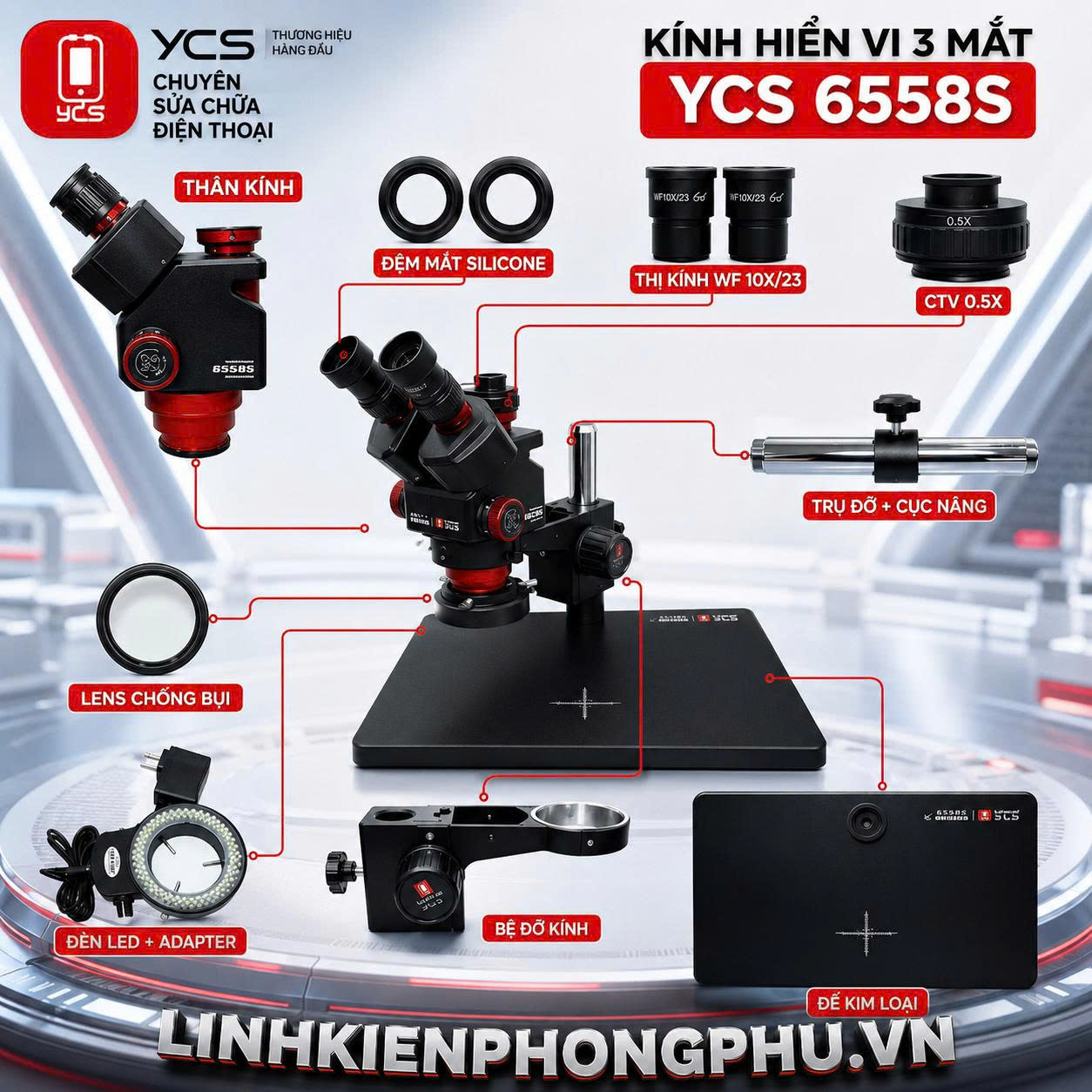 Kính hiển vi 3 mắt YCS 6558S ( Độ phóng đại 6.5 ~ 58X ) Lưu ý : Kính Chưa Chưa Kèm Cam