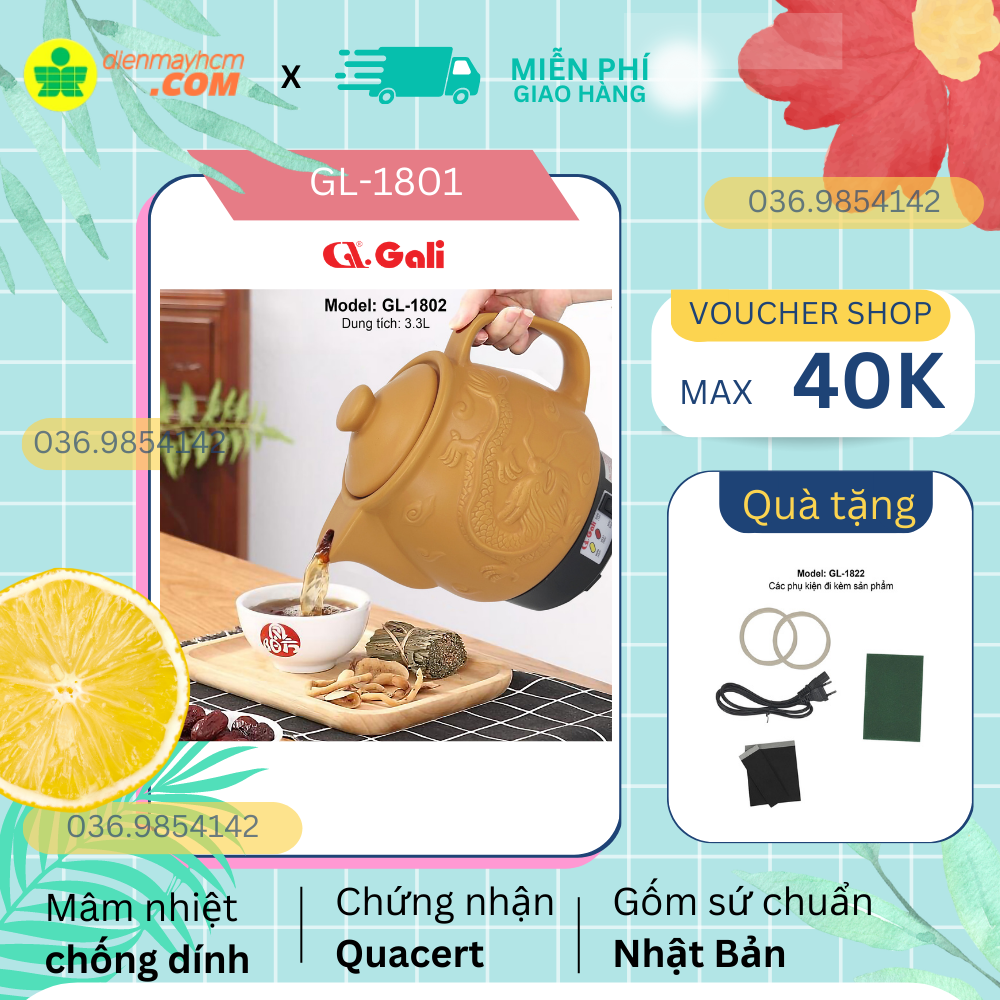 Ấm sắc thuốc thương hiệu gali mã sp gl-1802 dung tích 3.3l công suất chuẩn 450w gốm chuẩn nhật sắc 3 chén còn 1 chén hàng hàng nhập khẩu bảo hành 12 tháng chính hãng