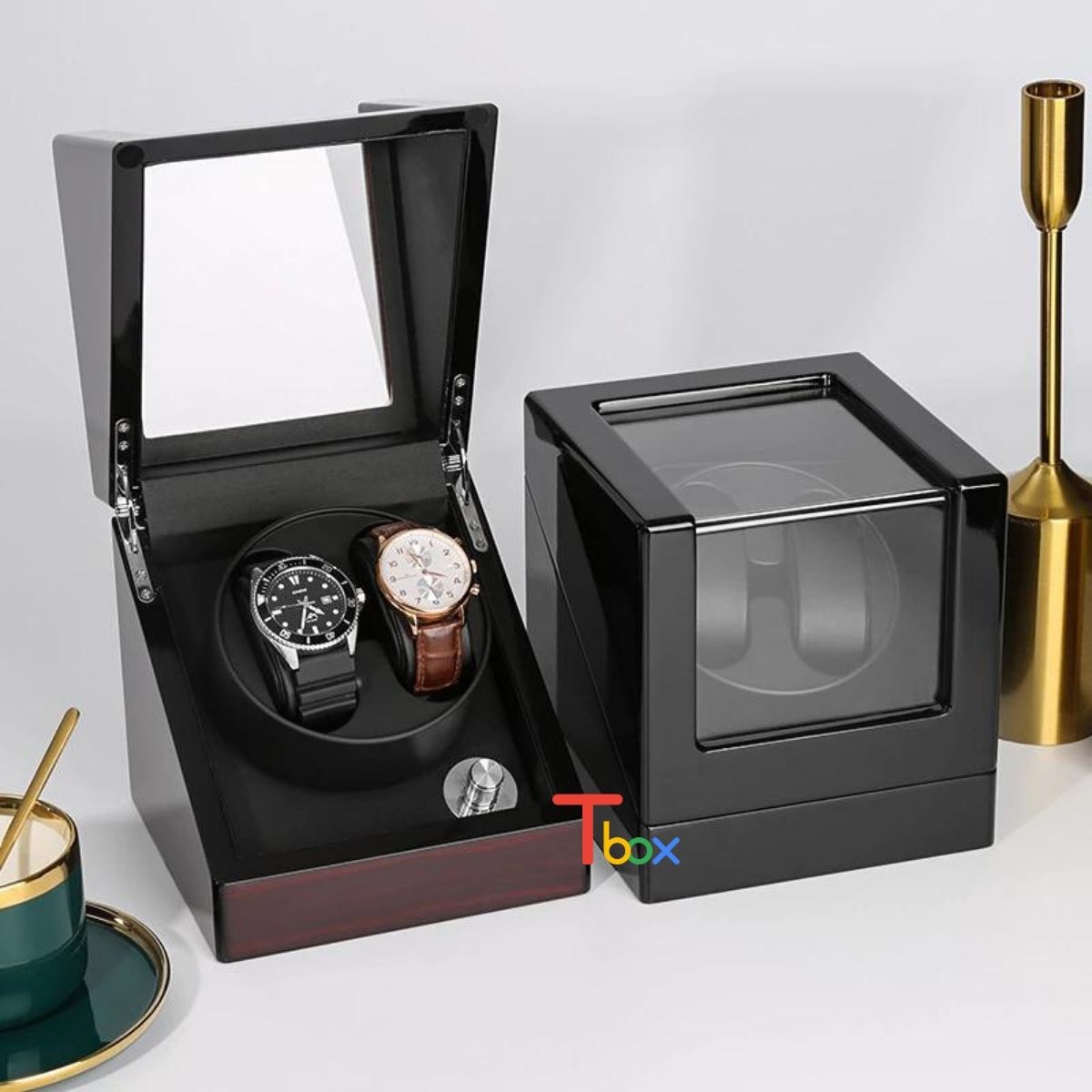Hộp đựng đồng hồ cơ 2 xoay bằng gỗ với 4 chế độ xoay, Hộp xoay đồng hồ cơ