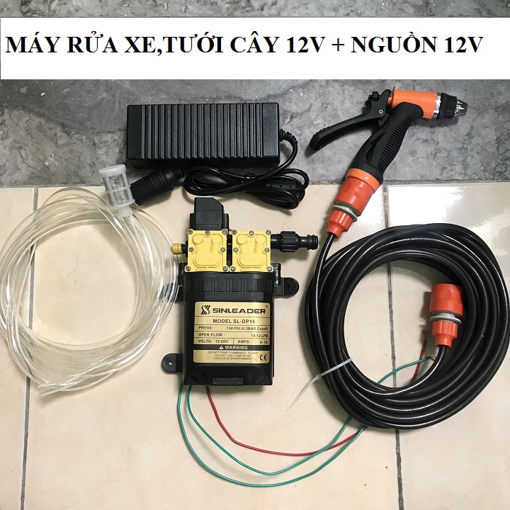 Máy rửa xe mini 12v - máy rửa xe bơm đôi kèm nguồn 12v10a