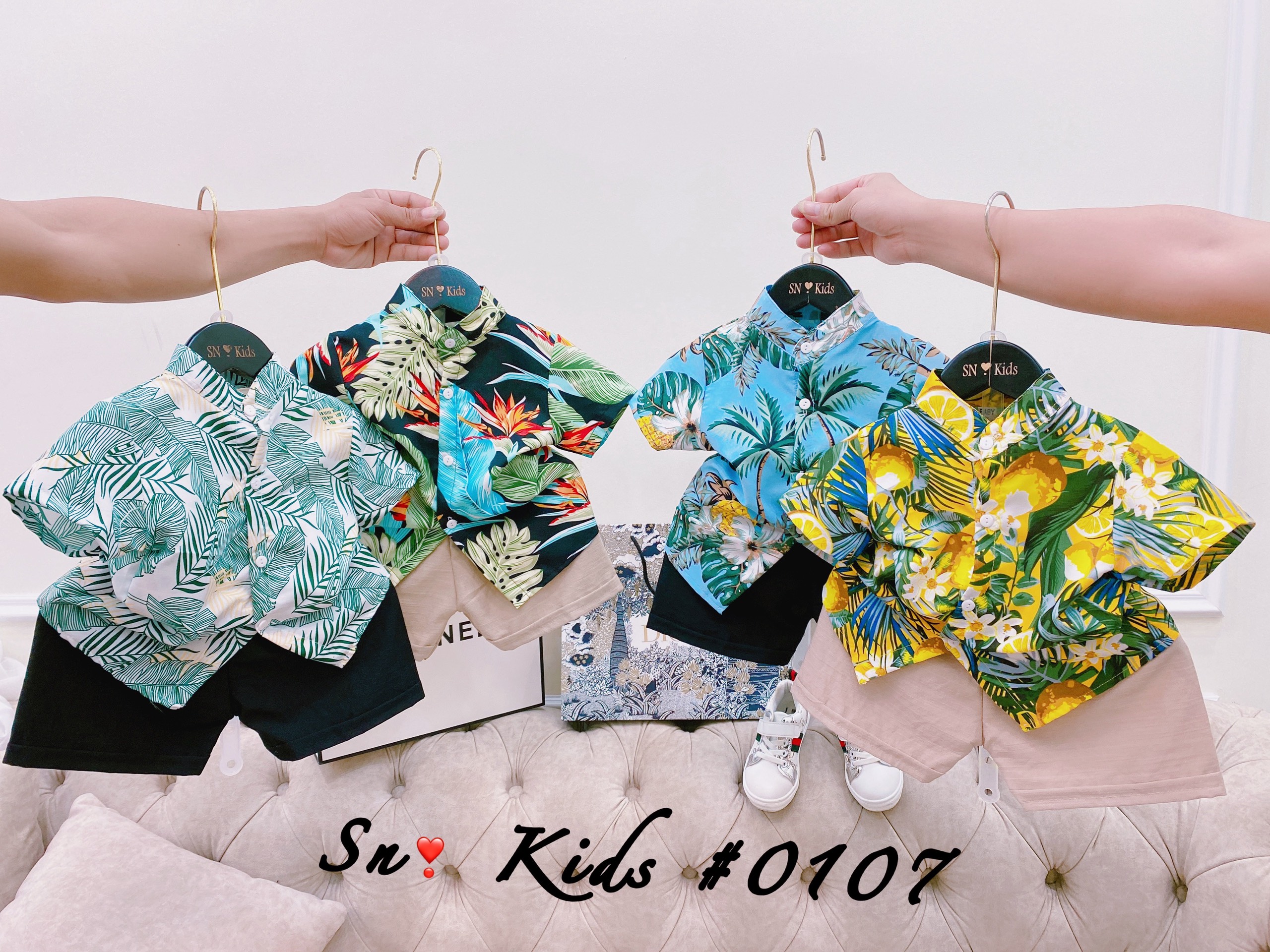 Bộ sơ mi lá mùa hè cho bé mặc đi biển qate705