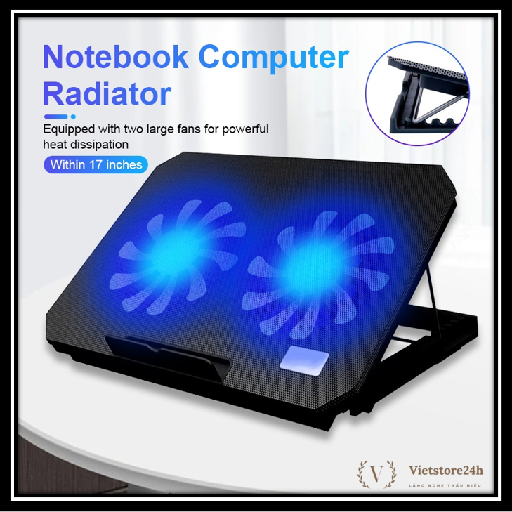 Đế Tản Nhiệt Laptop N99, Đế tản nhiệt 2 quạt có đèn LED, từ 13.3 đến 17 inch 2 fan chạy êm, hút mạnh làm mát cực nhanh