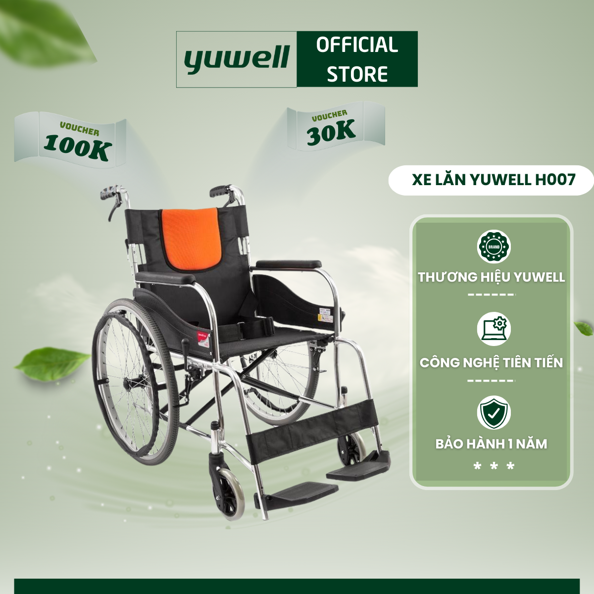 Xe lăn tiêu chuẩn YUWELL H007 – Xe lăn tay dành cho người tàn tật, người già ốm - Có thể gập lại - Dễ dàng vệ sinh