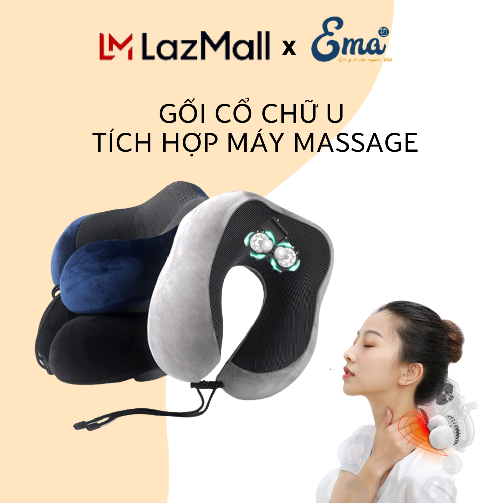 Gối massage cổ chữ U EmaGối kê cổ chữ U kết hợp máy massage chườm nóng giảm đau mỏithư giãn cho dân văn phònglái xengười đau mỏi vai gáy