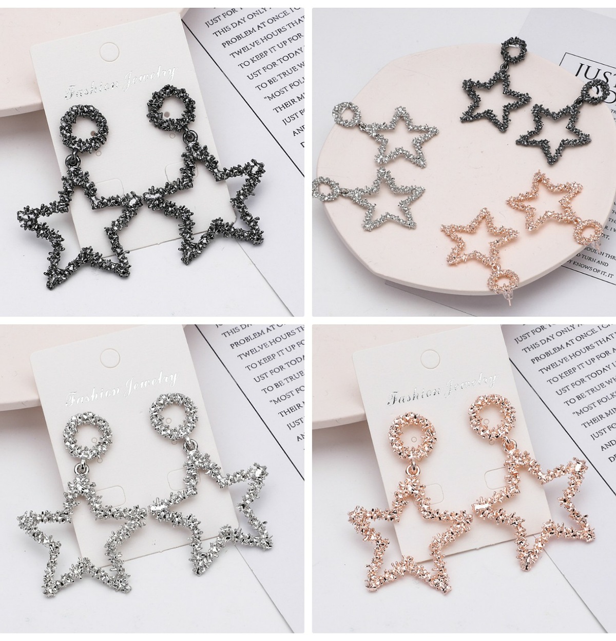 Bông Tai, Hoa Tai, Khuyên Xỏ Tròn, Khuyên Dài Có Khoanh Tròn Nhỏ Xinh Và Ngôi Sao Lớn Tòn Tèn, Làm Giã Đính Hạt Lấp Lánh, Gold Sang Trọng, Silver Quý Phái, Black Huyền Bí - Phụ Kiện Trang Sức Đi Tiệc Dạo Phố