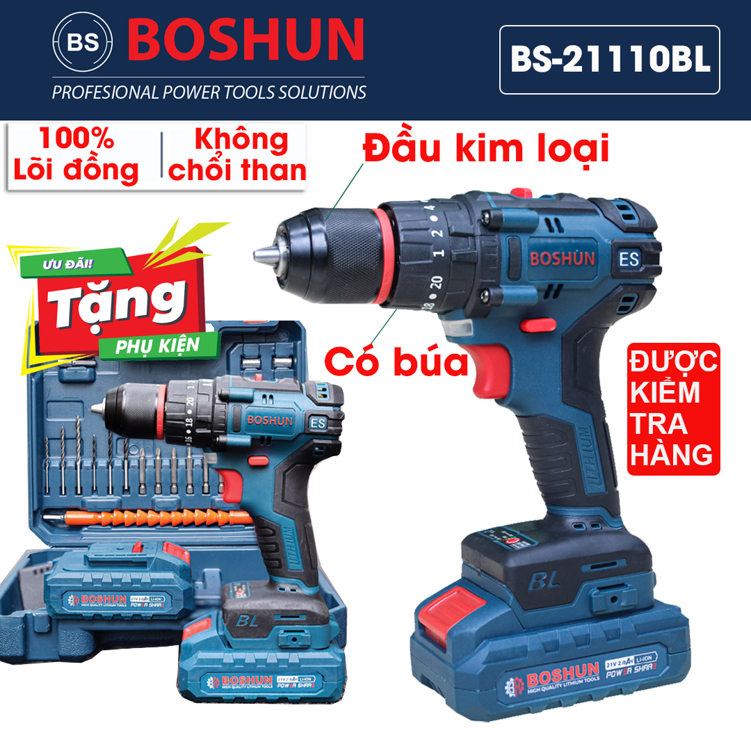 Máy khoan pin BOSHUN BS-ID2110BL 199V - Có búa - Không chổi than - Pin 5 CELL - 100% Đồng - Khoan sắt, gỗ, tường - Đục bê tông - may khoan pin - khoan pin