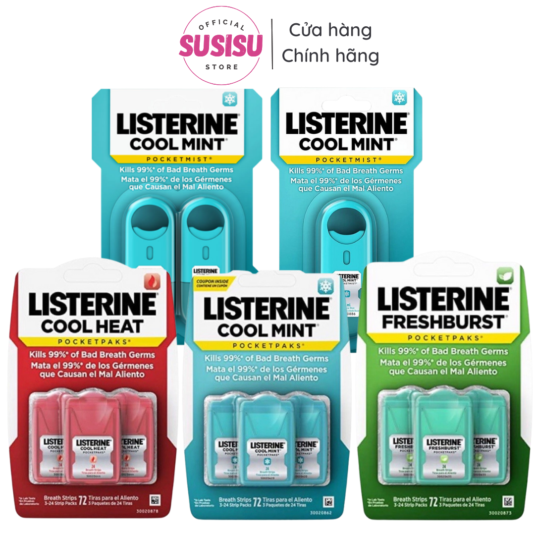 Combo 3 hộp Miếng Ngậm Thơm Miệng Listerine Freshburst bạc hà 24 miếng hàng Mỹ, Xịt thơm miệng (xanh dương, xanh lá)-susisu