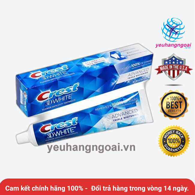 Kem đánh trắng răng Crest 3D White Advanced Triple Whitening 147g của Mỹ.