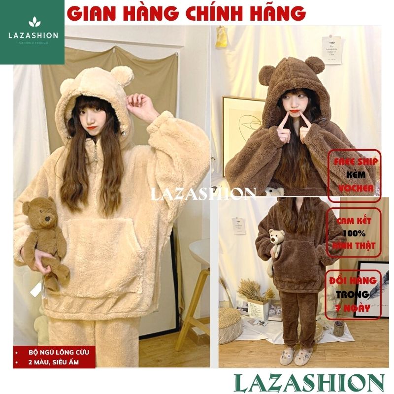 Bộ ngủ lông cừu sweater mùa đông siêu ấm, bộ đồ ngủ lông from rộng, sét bộ lông nữ, bộ ngủ lông gấu cute, LAZASHION, bộ ngủ lông gấu nâu, bộ pijama hàn quốc,áo lông, bộ ngủ lông áo hoodie mũ tai gấu, bộ ngủ lông nữ siêu ấm