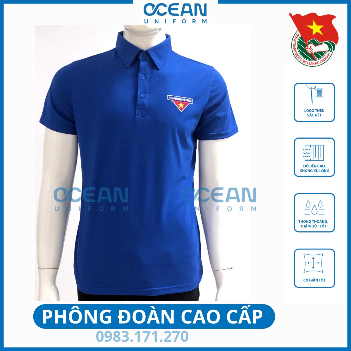 Áo Phông Đoàn Thanh Niên Cao Cấp Nam Nữ ,Vải Cotton Cao Cấp,Logo Thêu - Ocean Uniform