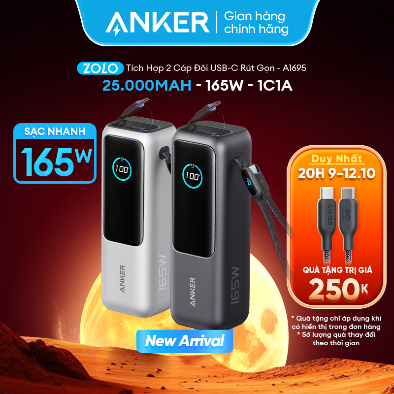 Pin dự phòng Anker Zolo 25000mAh | Công suất lớn 165W | Tích hợp cáp USB-C có thể thu gọn | Màn hình thông minh - A1695