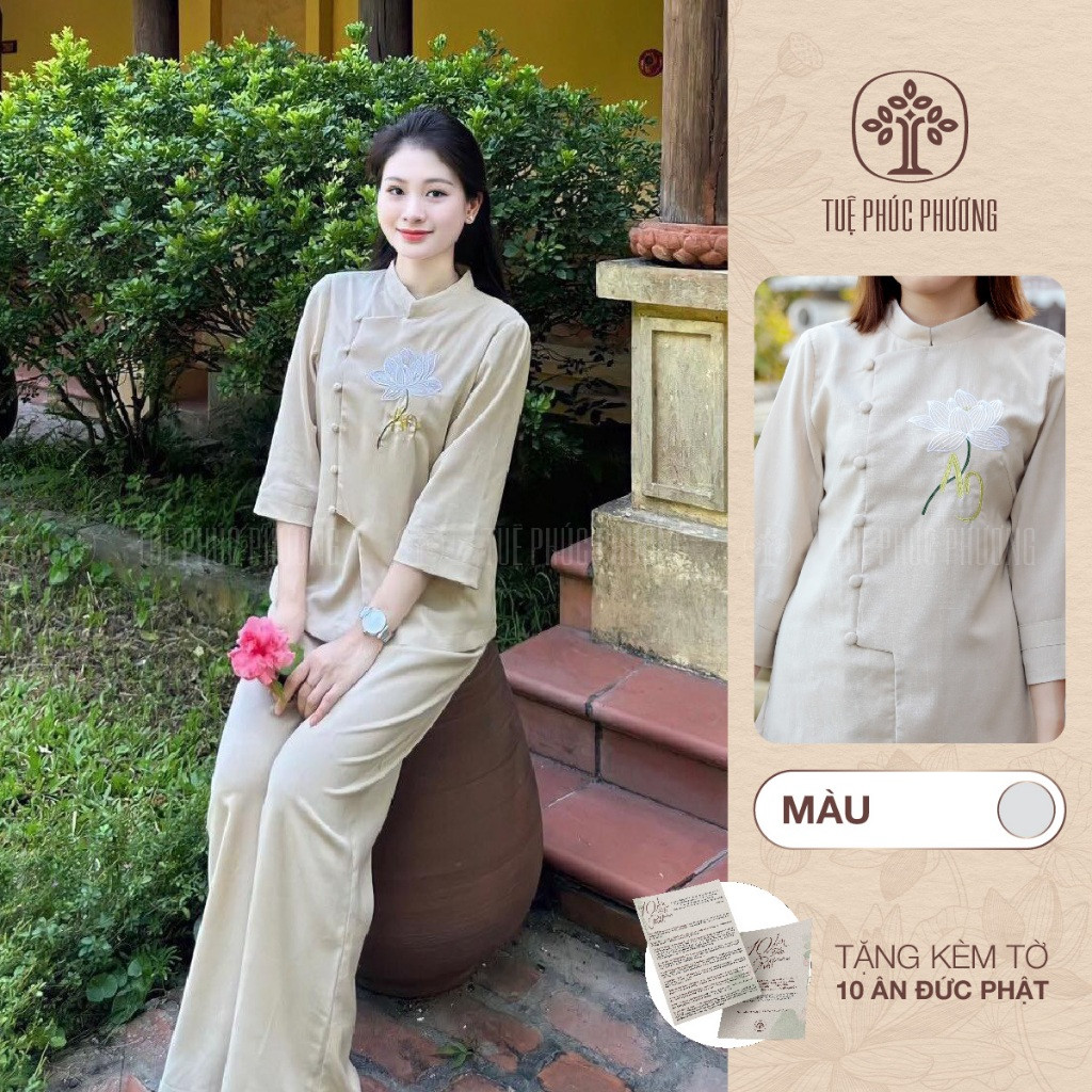 Pháp phục nữ đi chùa cổ trụ thêu chữ An hoa sen vải đũi linen Tuệ Phúc Phương