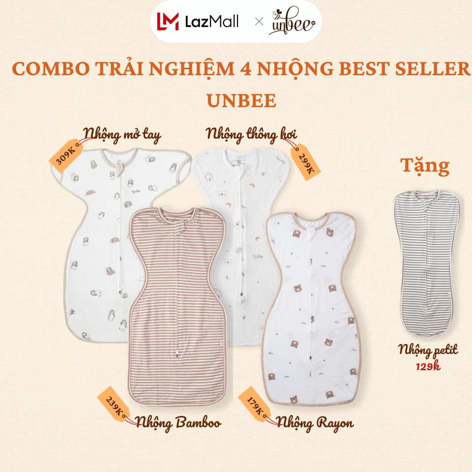 Combo trải nghiệm 4 nhộng chũn best seller unbee cho bé - chất liệu tơ tằm, bamboo, rayon - tặng nhộng chũn petit siêu hời