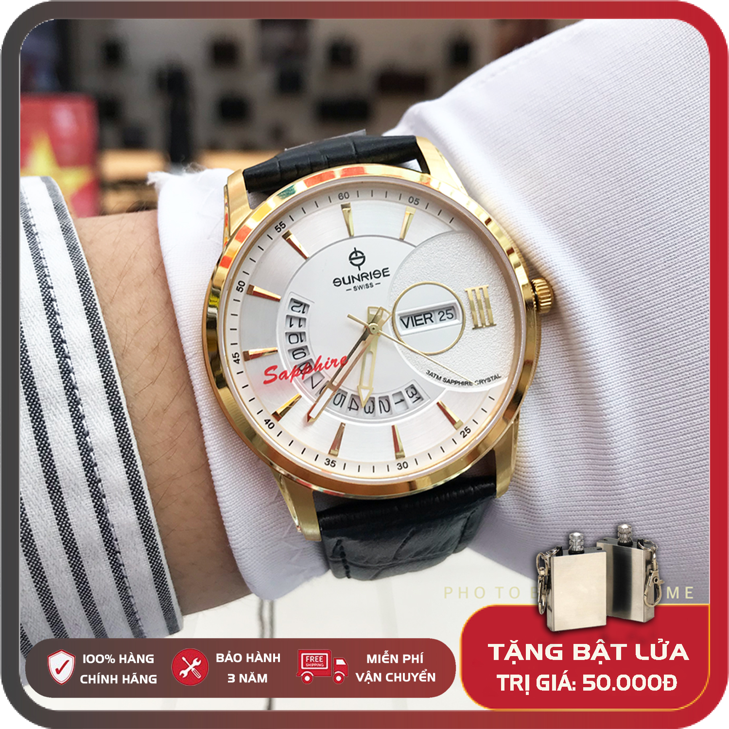 Đồng hồ Nam Sunrise 1130SA, Full hộp, thẻ bảo hành 3 năm, Sapphire chống xước, chống nước, dây da