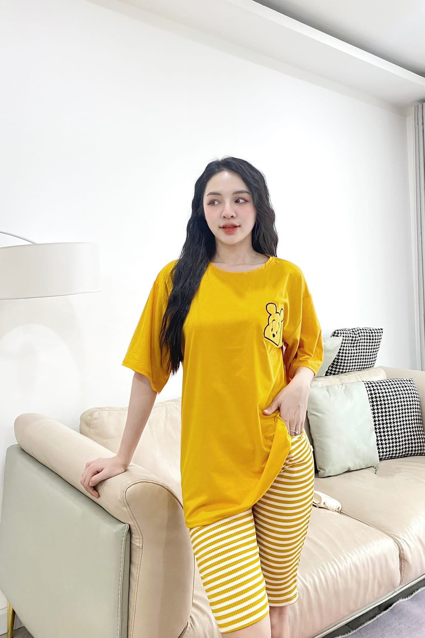 Set bộ áo cotton phối quần thun gân xinh - hàng y hình