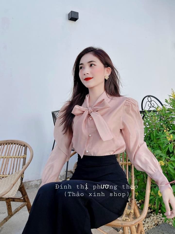 Áo sơ mi nữ cột nơ voan tơ kim cao cấp