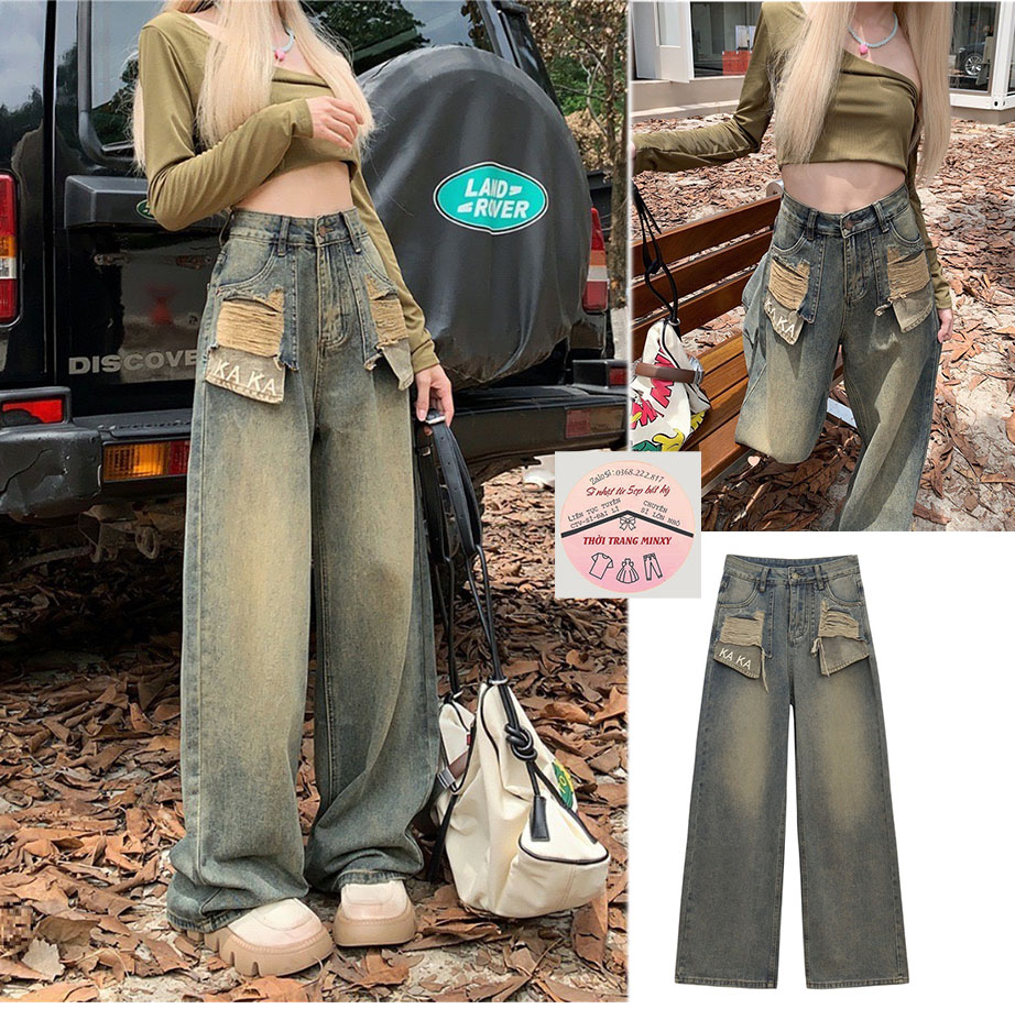 Quần jean nữ suông ống rộng cạp lửng bazic culottes MÀU XANH