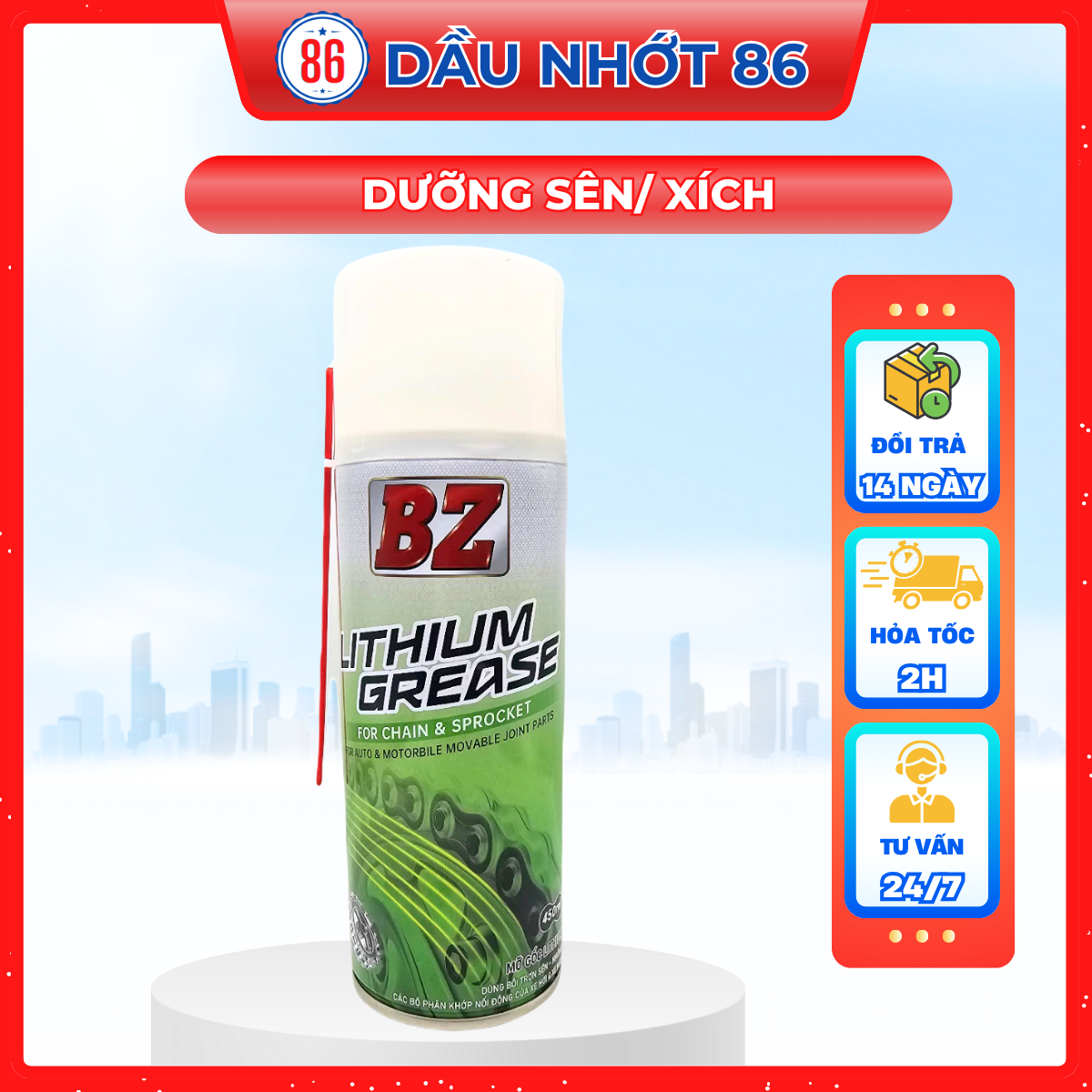 Dưỡng sên BZ Mỡ Bò Xanh Lithium 450ml chính hãng, chống văng, sử dụng mọi loại sên, cao cấp