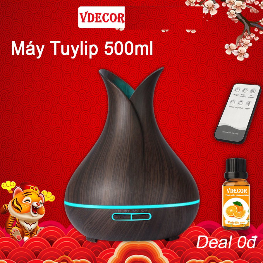 Máy Khuếch Tán Tinh Dầu Phun Sương Hoa Tuylip Sang Trọng | Dung Tích Lớn 550ml | Hàng Cao Cấp Kèm Remote | TẶNG TINH DẦU