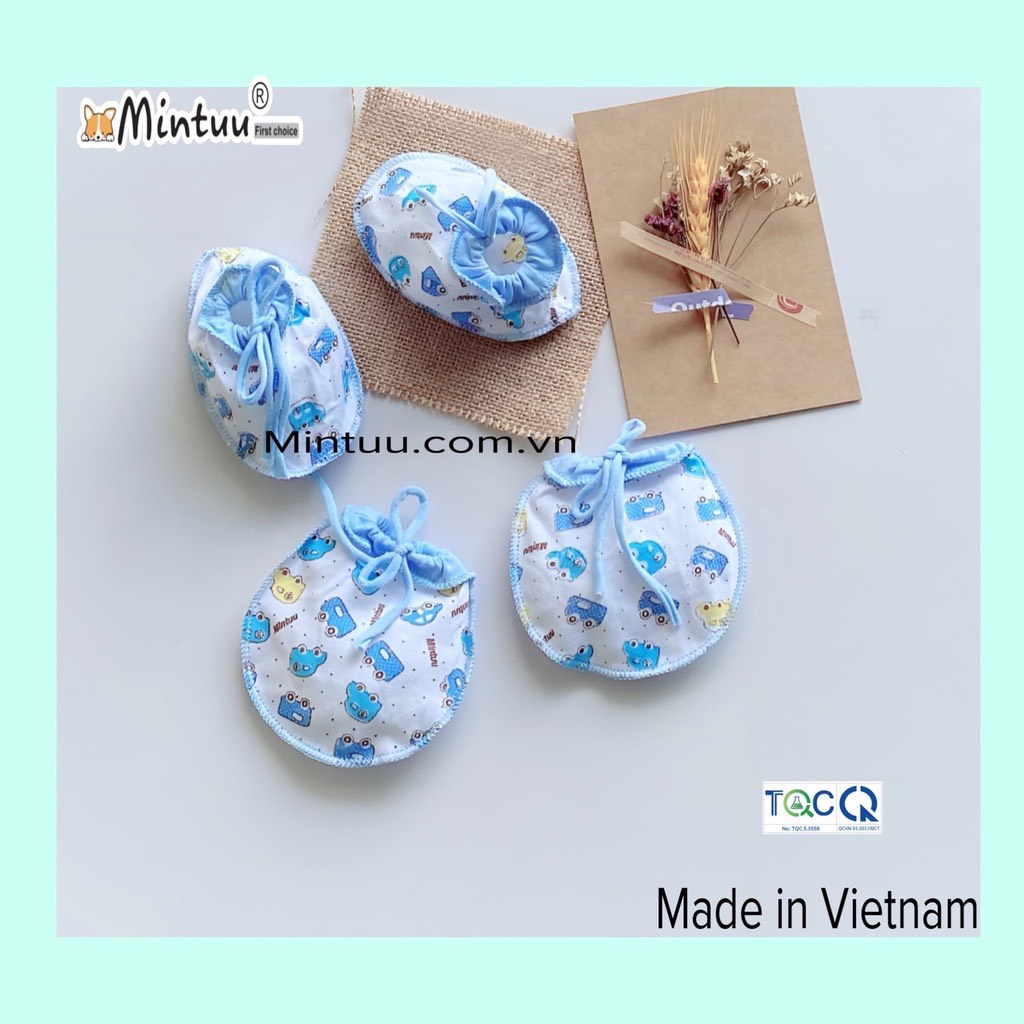 Bộ bao tay bao chân cột dây hoạ tiết 100% cotton sơ sinh MINTUU