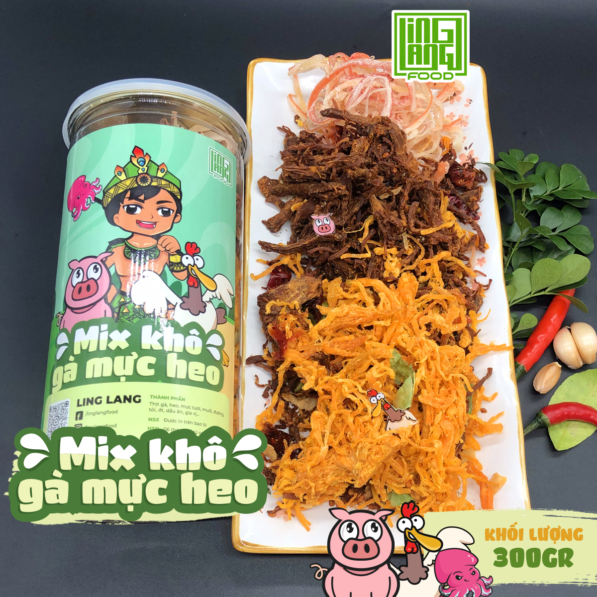 Khô gà khô mực hấp mix khô heo 300g ling lang food, hũ 3 món khô gà mực heo