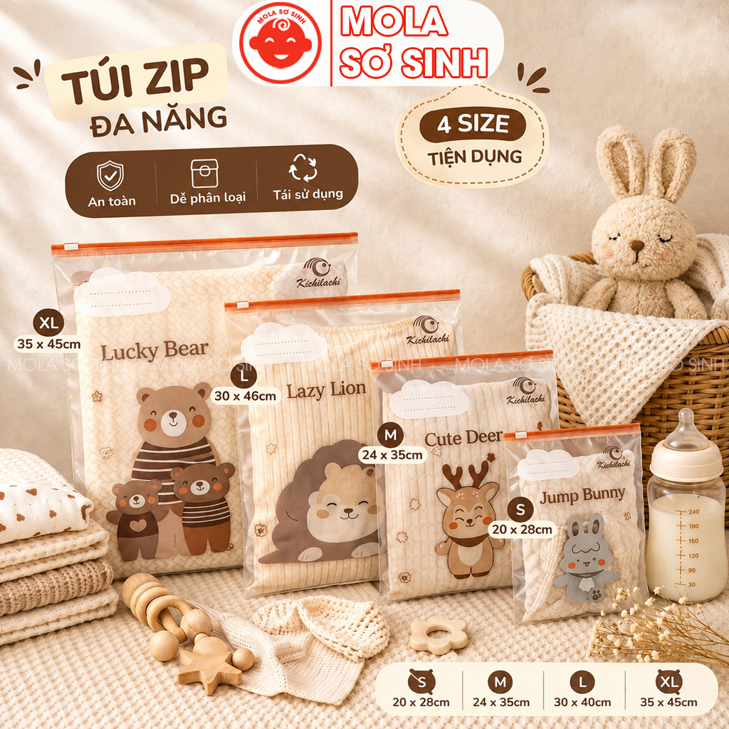 Combo 5 Túi Zip Đựng Đồ Sơ Sinh Đa Năng Kichilachi Cho Mẹ Và Bé, Để Quần Áo, Giày Dép, Vớ Du Lịch Tiện Lợi, An Toàn, Có Ô Ghi Tên (Hình Ngẫu Nhiên)