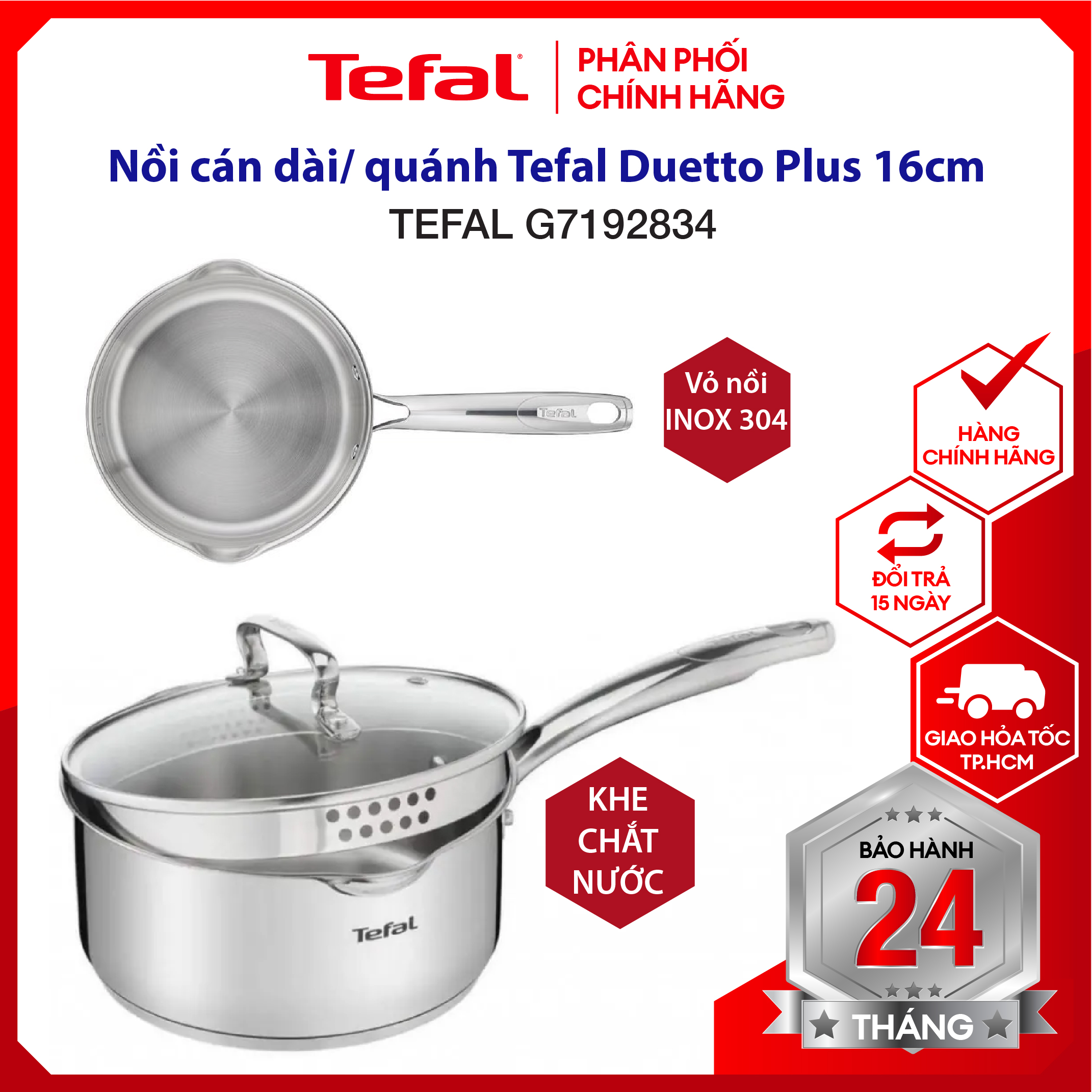  |HỎA TỐC 2H| Nồi cán dài  quánh Tefal Duetto Plus 16cm  G7192834  - size 16 - tương thích mọi loại bếp - KHÔNG NẮP 