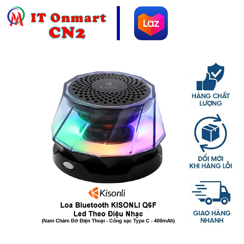 Loa Bluetooth KISONLI Q6F Led Theo Điệu Nhạc (Nam Châm Đỡ Điện Thoại – Cổng sạc Type C – 400mAh)